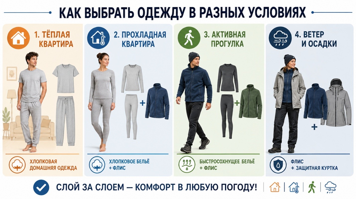 Выбор между флисом и хлопком зависит от температуры, активности, влажности и того, какую функцию выполняет каждый слой одежды.